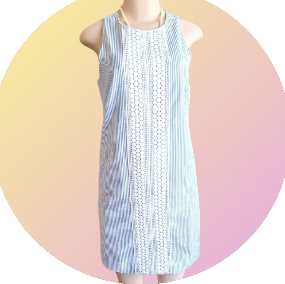 London Times Blue Stripe Seersucker Dress with Lace Detail - Size 4